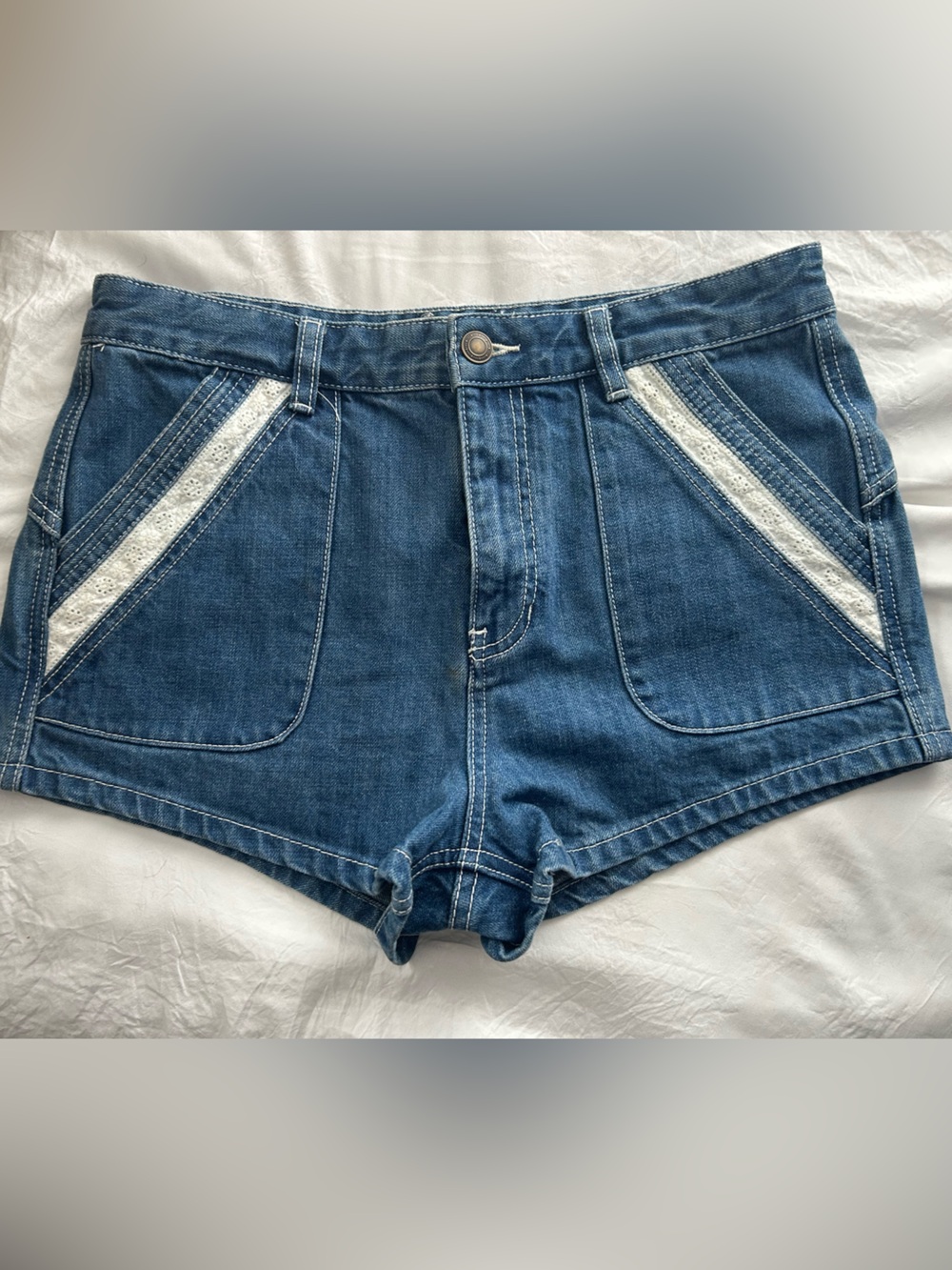 Free People Blue Denim Shorts with White Eyelet Trim